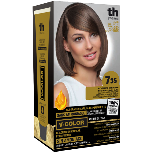 Hair farbe V-color no.7.35 (mittelgoldenes Mahagoni blon)-heimtrikot mit shampoo und hair maske free TH Pharma